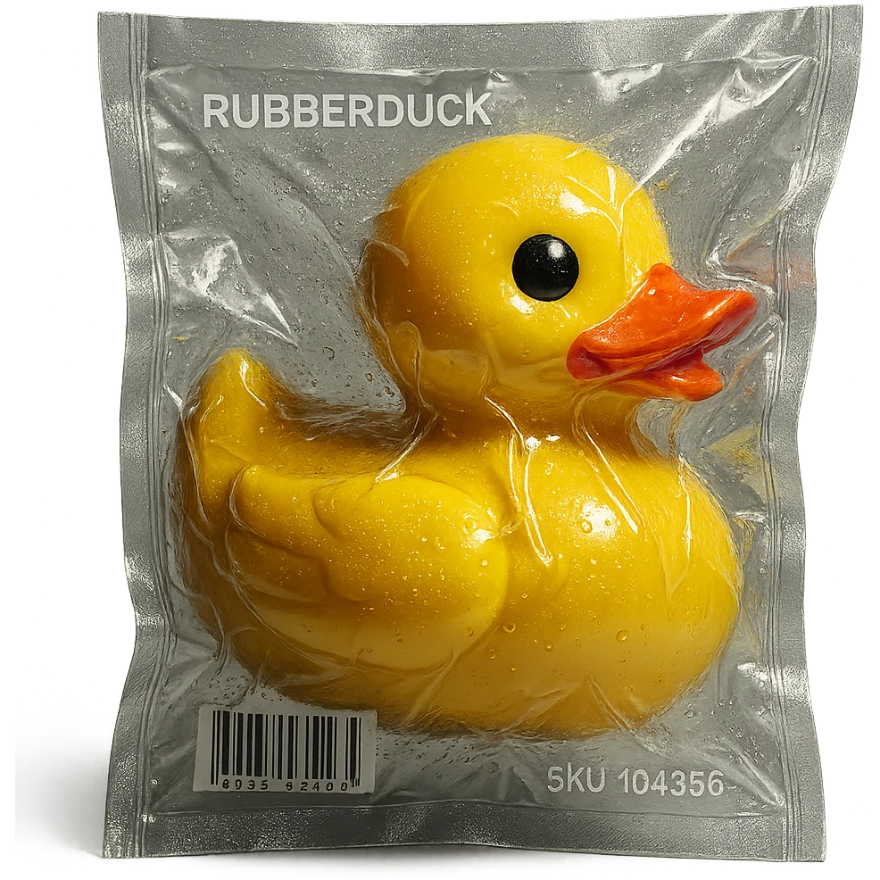 vacuum-sealed rubber duck, shiny and tightly wrapped emoji