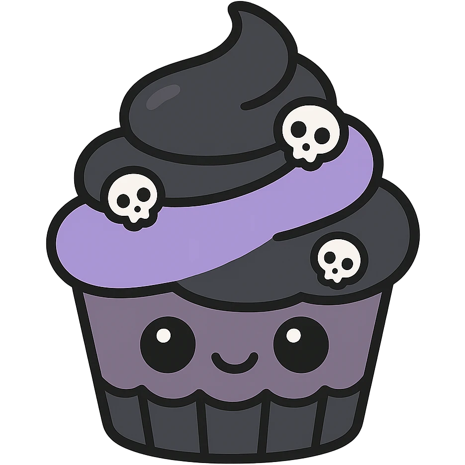 kawaii style gothic cupcake, cute face, black and purple icing, tiny skull decoration, cheerful and spooky emoji