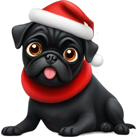 Black pug with big eyes wearing a red Santa hat emoji