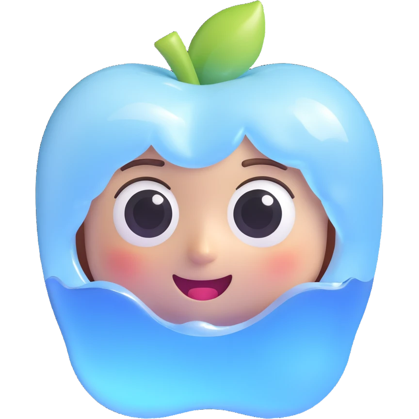 Cute Apple Memoji iceberg emoji, 3D, glossy icy finish, white and pale blue, rounded, shiny, big expressive eyes, tiny smile, floating in ocean, Pixar-style, soft shadows, minimal and adorable emoji