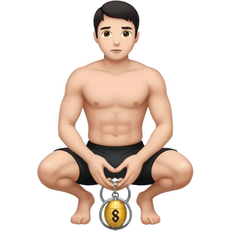 Submissive dark haired man on his knees wearing a chastity cage on his little penis emoji