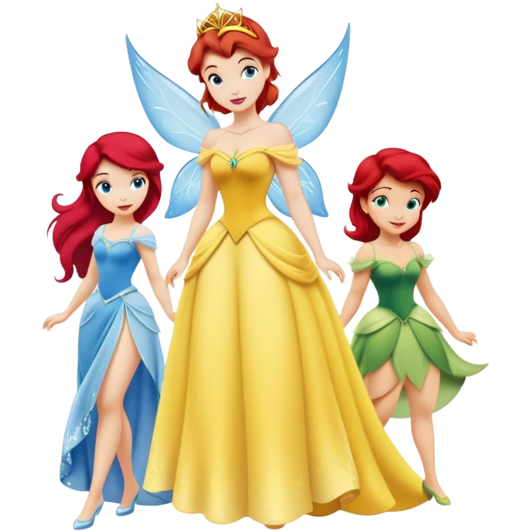 four minimal Disney princesses in one image: Belle with yellow dress, Tinkerbell with wings, Ariel with red hair and tail, Cinderella with blue dress emoji