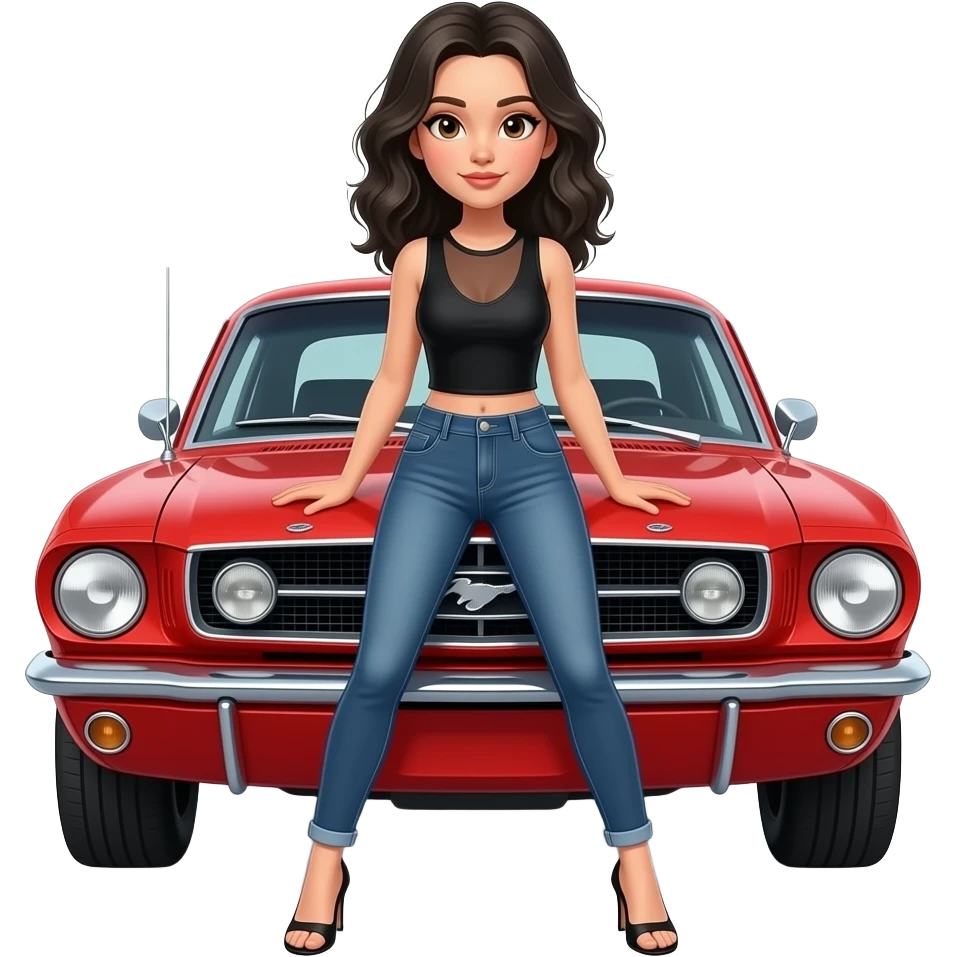 Pale girl with wavy jet black hair and brown eyes in front of a red ford mustang 1968 coupe. Girl wearing a sheer black sleeveless top, low rounded neckline, jeans and heels with visible toes. Legs spread and hands resting on the hood. emoji