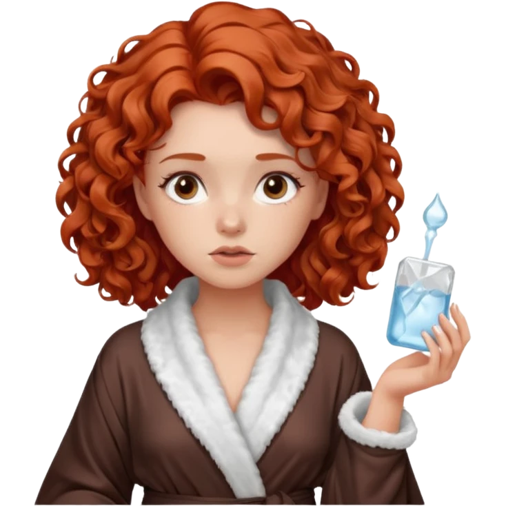 Cartoon emoji of a girl with voluminous curly red hair, fair skin, warm brown eyes. Wearing a chic milky silk robe with long sleeves, no makeup. Portrait mode, holding a ice cube for face skin care, looking doubtful and unsure. Smooth, simple, stylized." emoji