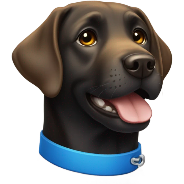 Black Labrador with a blue collar with his teeth put emoji