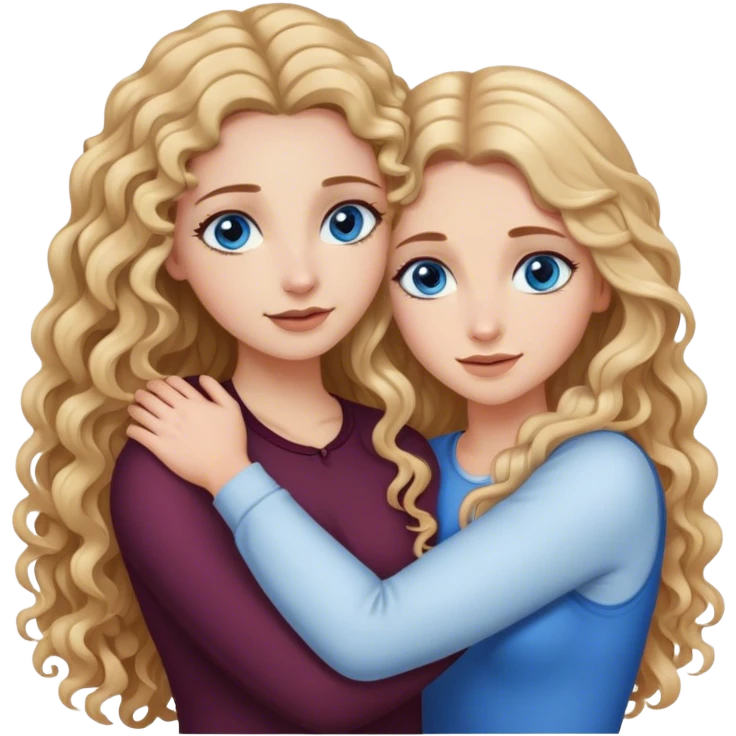 beautiful woman with long curly blonde hair and blue eyes, hugging beautiful woman with long straight brown hair and brown eyes emoji