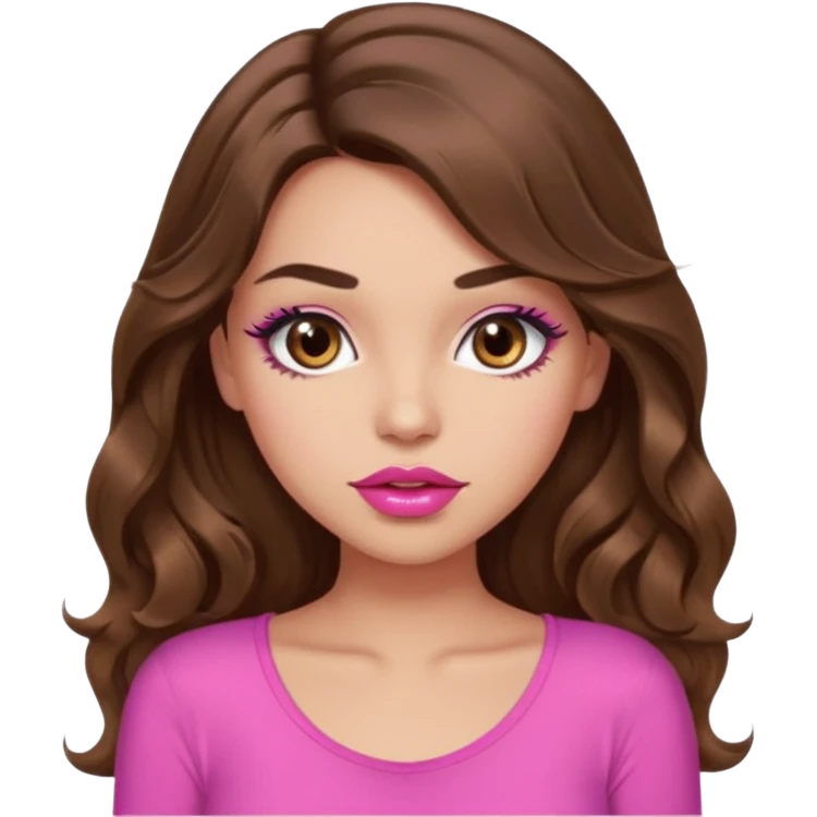 girl with long wavy brown hair, brown eyes, light to medium complexion, in a pink sexy top, pink lips, long lashes, puckered lips, what ever emoji