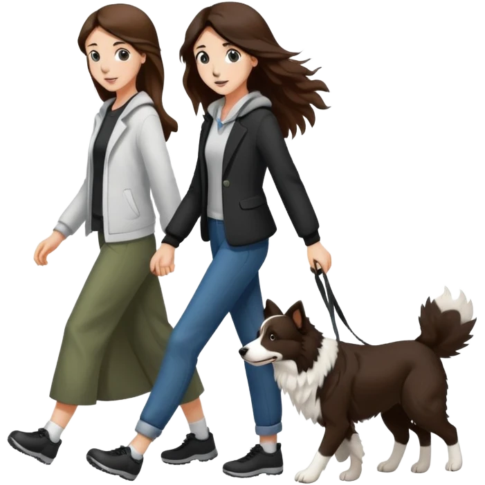 A beautiful girl with long brown hair walks a black and white Border Collie emoji