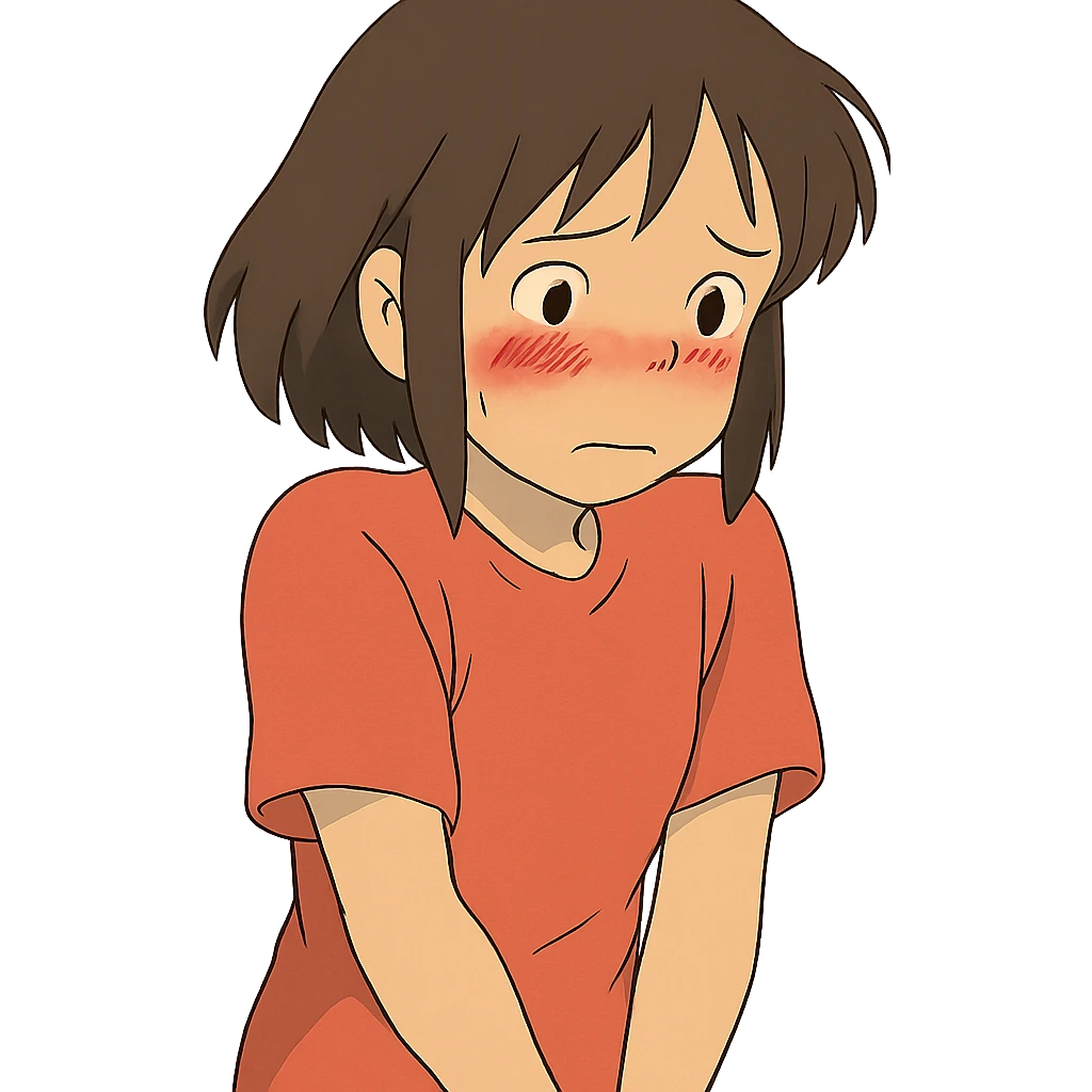 ghibli style character looking embarrassed, blushing, shy posture emoji