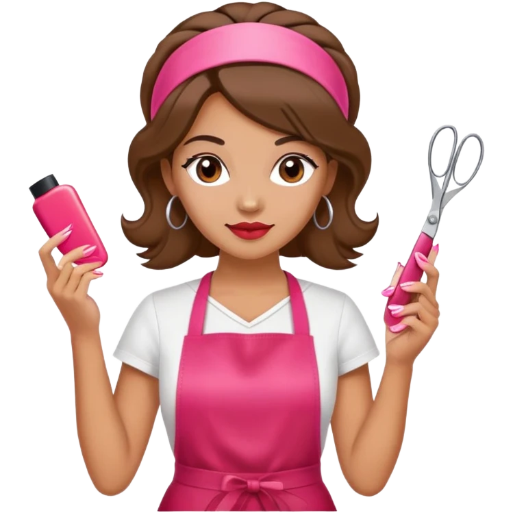 Woman with hair styled in headband, wearing red apron, holding pink nail polish in one hand and scissors in other hand, beauty salon worker emoji