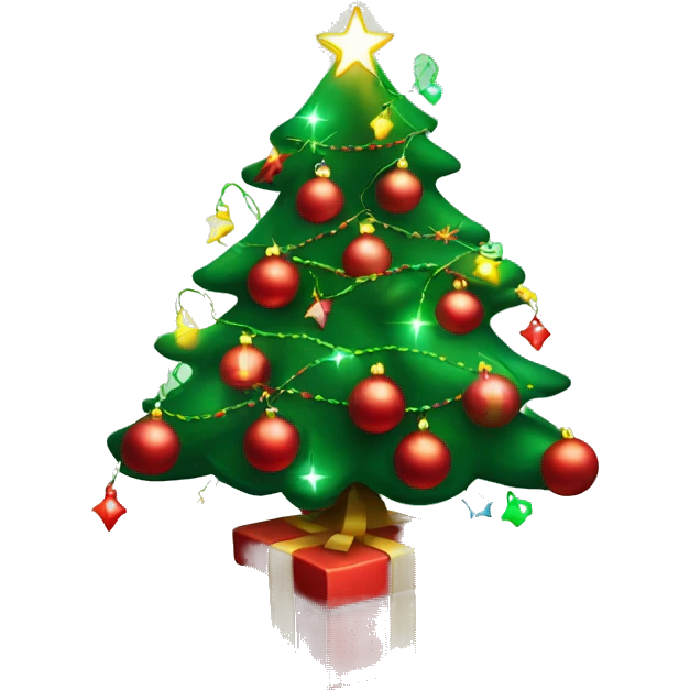 Decorated Christmas tree, red and green ornaments, glowing lights, festive look emoji