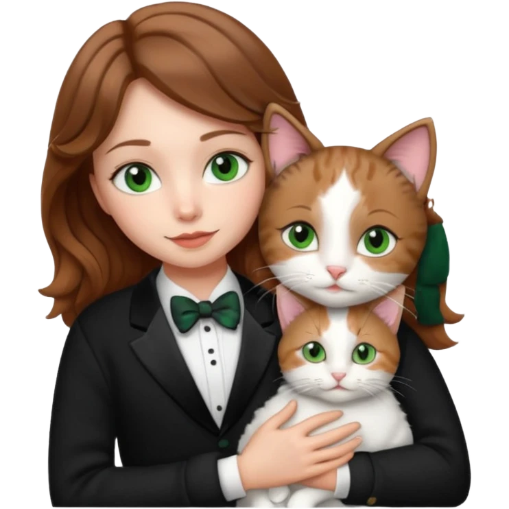 A pretty white girl with hazel brown eyes and brown wavy hair in a cosy white knit sweater, hugging a black and whitebtuxedo cat with green eyes emoji