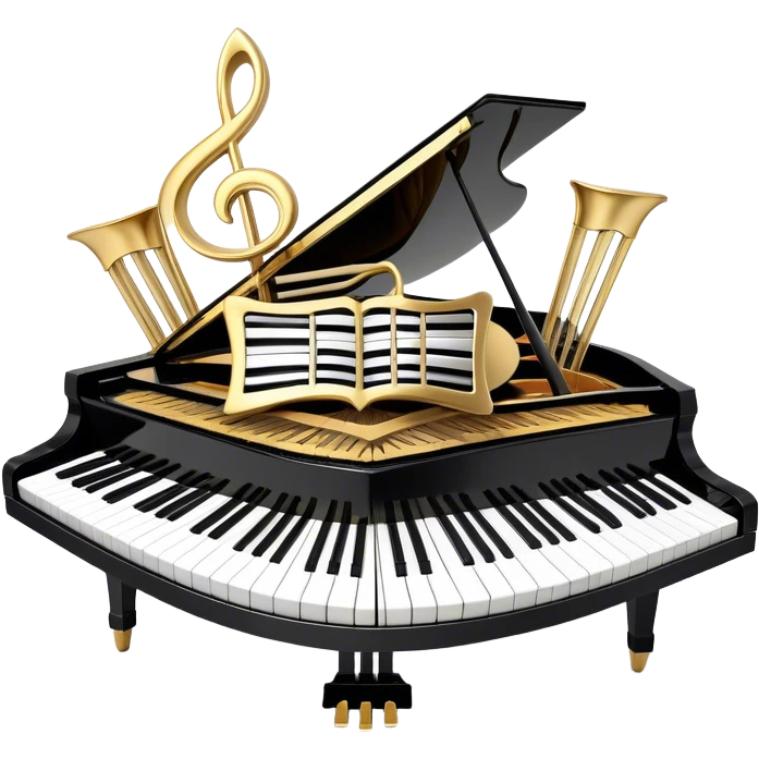 Create an elegant and festive emoji collage representing keyboard instruments, styled like a heraldic emblem. The design should feature a central focal point of black and white piano keys, arranged in a semi-circular or shield-like shape. Around the piano keys, add intertwining musical notes that form flowing ribbons, creating a dynamic and celebratory atmosphere. The design should be professional, with polished silver and gold accents on the keys and notes, highlighting the luxury and sophistication of the instruments. Add subtle shading and lighting effects to give the design a refined, 3D appearance. The background should remain transparent, and the overall feel should evoke grandeur, artistry, and a sense of celebration. emoji