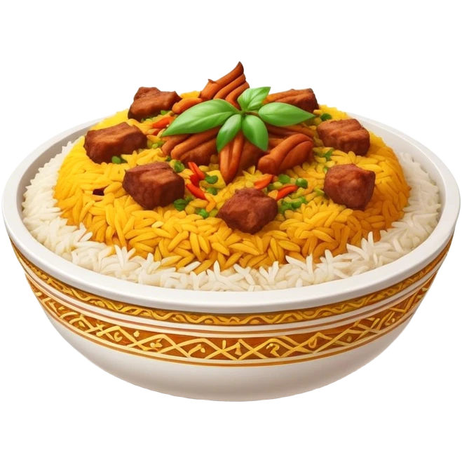 Cinematic Realistic Biryani Dish Emoji, depicted as aromatic basmati rice layered with spiced meat and herbs rendered with vibrant textures and warm, inviting lighting. emoji