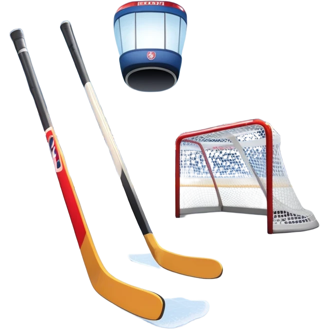 Please, make An icon showing a close-up of a hockey stick, puck, skates, and hockey net placed on the ice. The background features a packed stadium with bright lights, cheering fans, and snowy scenery outside. Transparent background highlights the key elements of the game. emoji