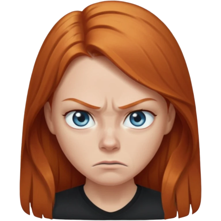 Ginger head woman with long hair and lightblue eyes, straight nose, almond eyes, black shirt. She is angry  emoji