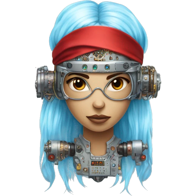 Light blue long hair female cyborg head with red steampunk headband goggles and circuits emoji