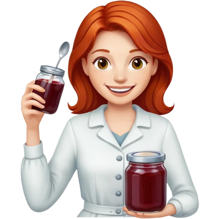 redhead woman with big smile holding a glass jar with jam in one hand and a little spoon with jam in other hand emoji