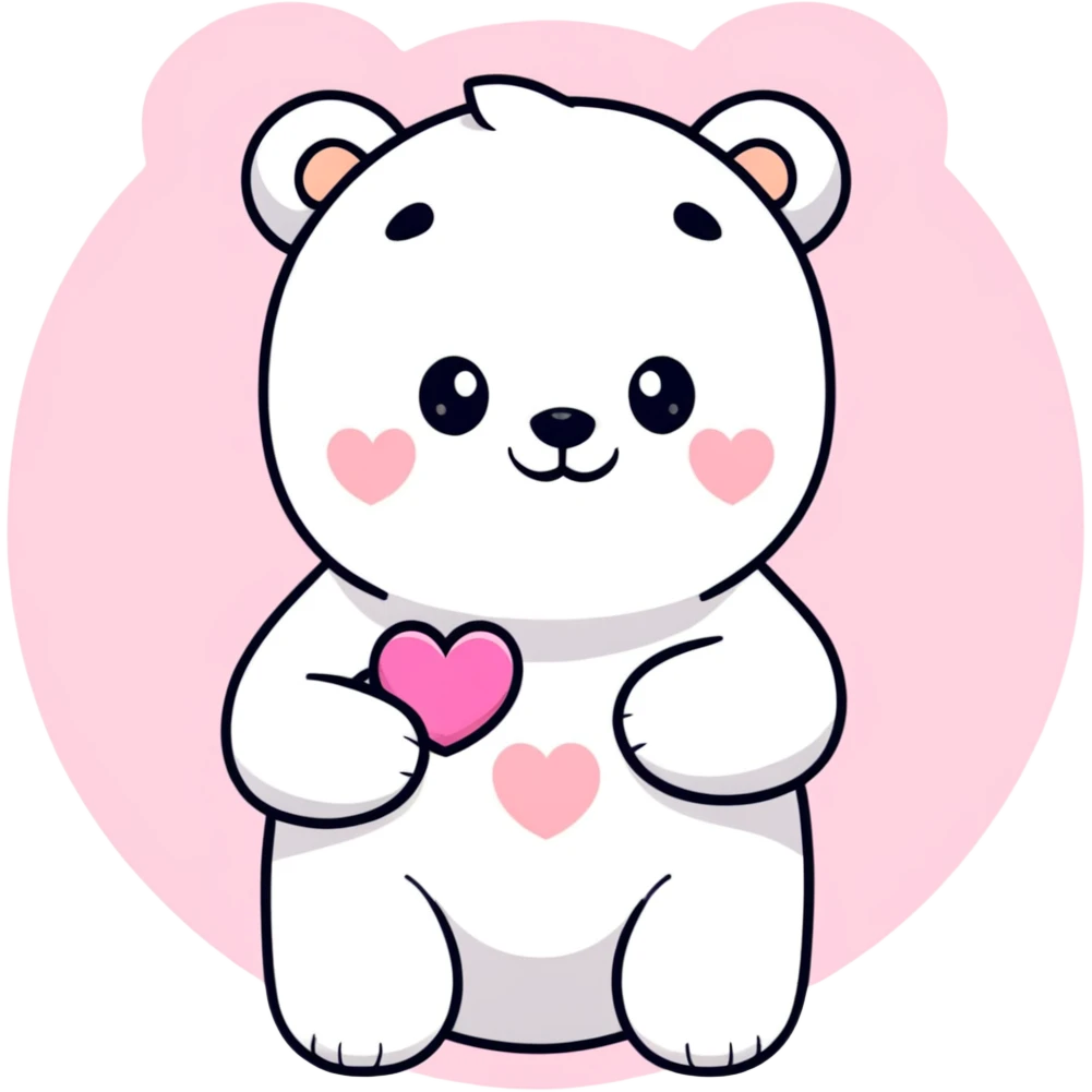 white bear holding a pink heart in hand, sticker style emoji