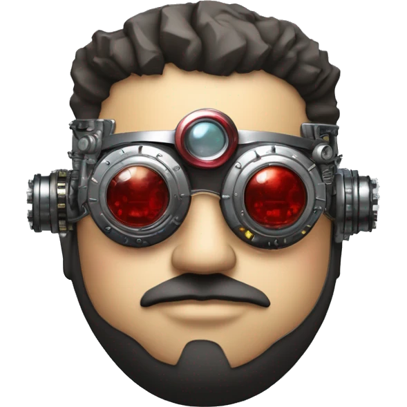 Fat cyborg head with red silver steampunk goggles, black beard and circuits emoji