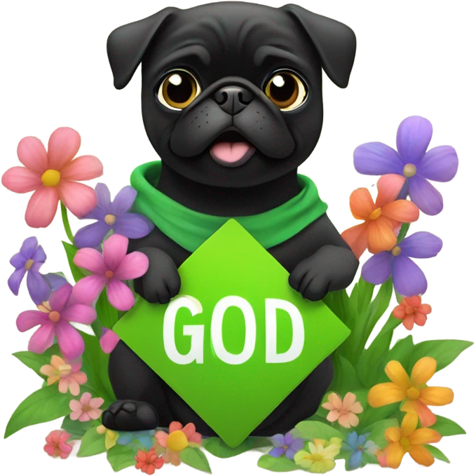 Black pug , surrounded by flowers, holding a green sign that says “good luck”  emoji