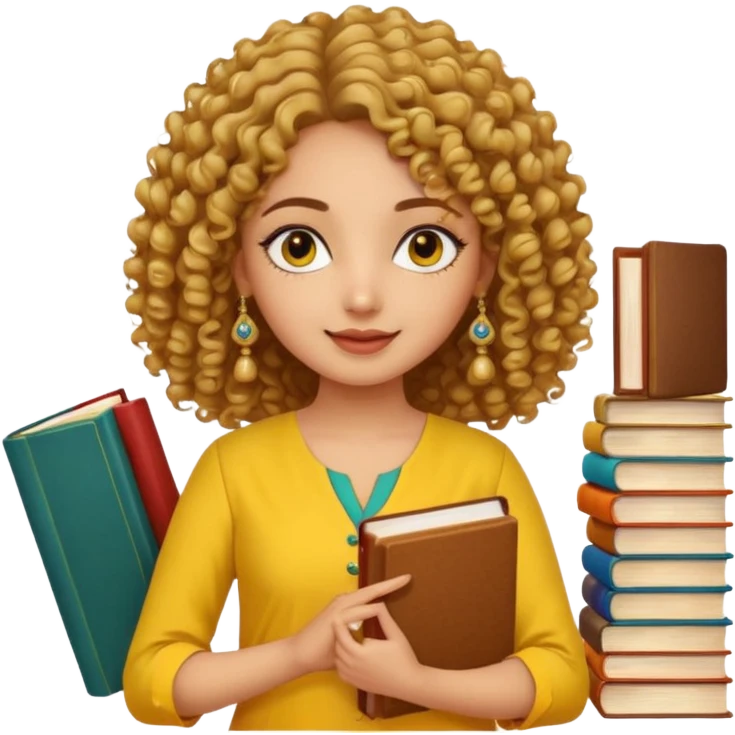 a pretty bratz girl with curly hair wearing a yellow kurti, eyeliner, jhumkas, carrying books emoji