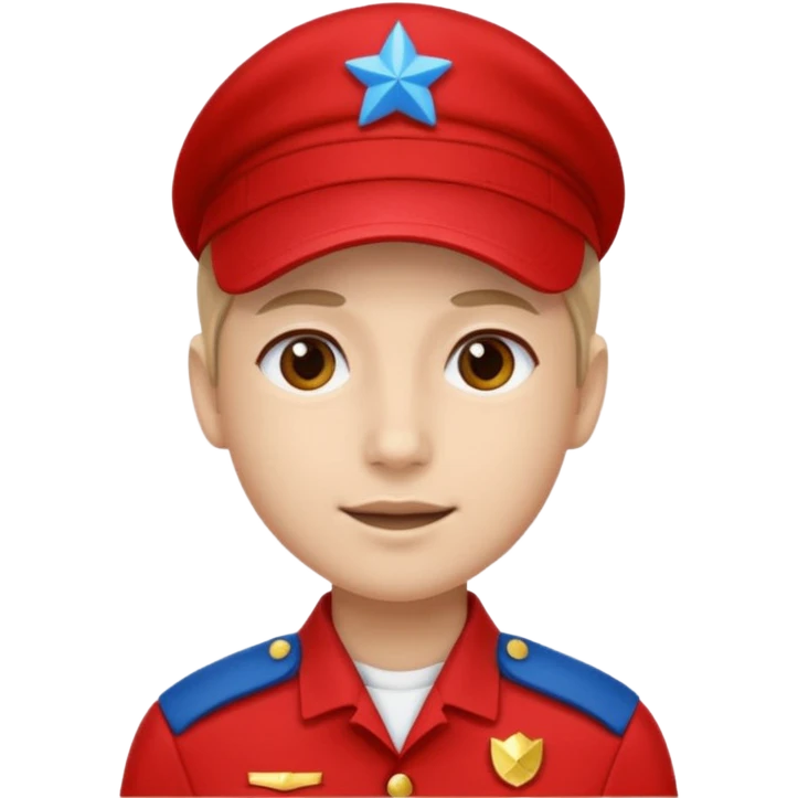 Vendeur comptoir habiller en rouge portant une casquette bleueu emoji