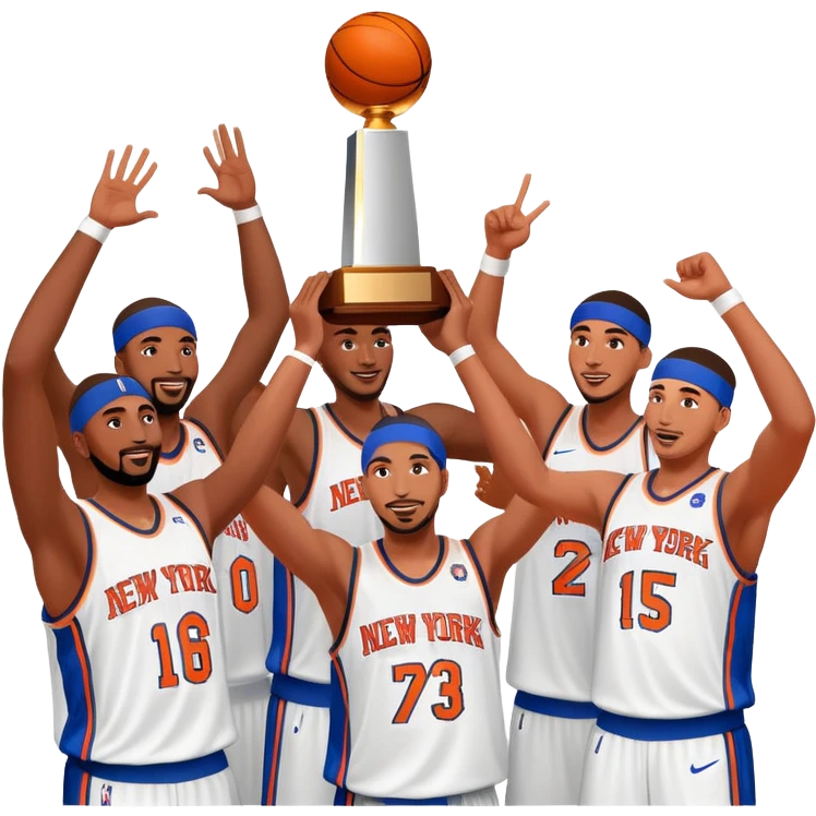New York Knicks basketball team winning NBA championship trophy, celebration, blue and orange colors emoji