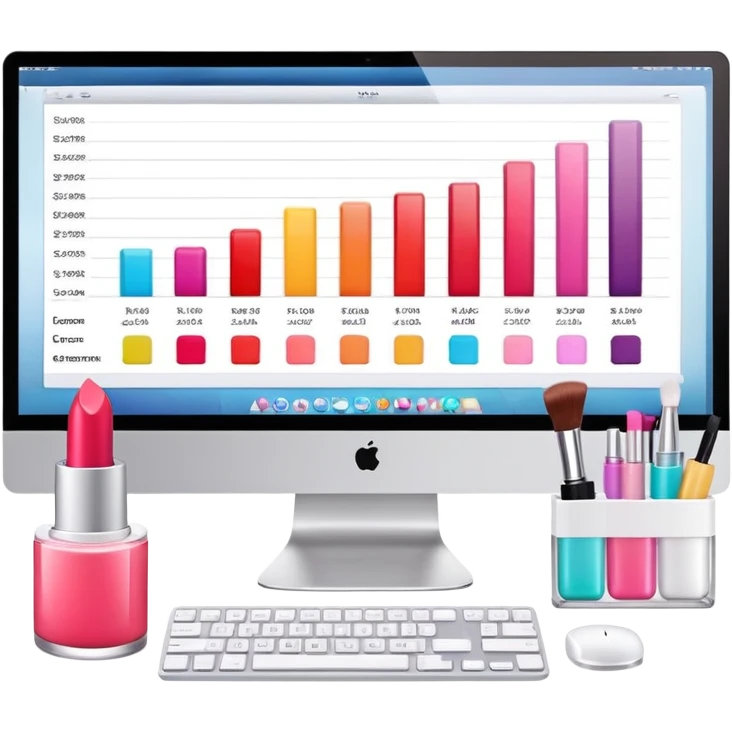 iMac computer with bar charts and beauty products like lipstick, nail polish, cream jars on the screen emoji