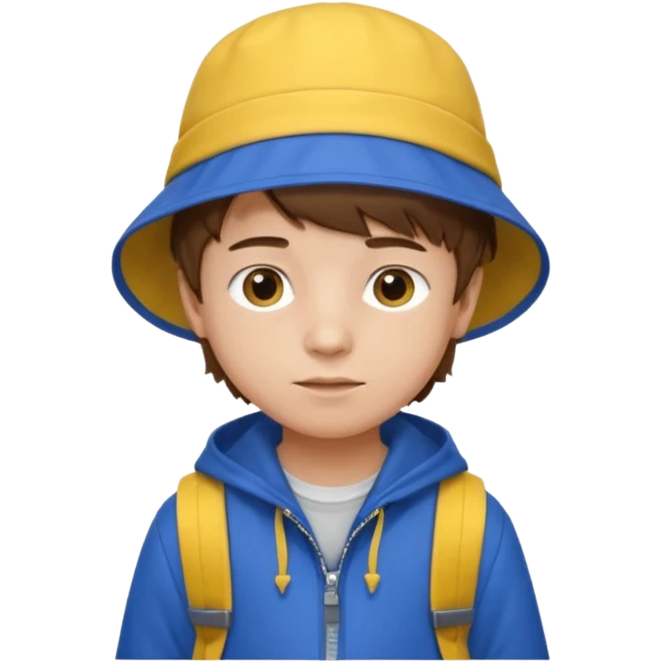 Little student, brown hair boy, wears blue bucket hat and jacket, yellow backpack, shy emoji