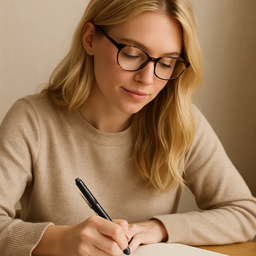 blonde woman wearing glasses, writing in a notebook emoji