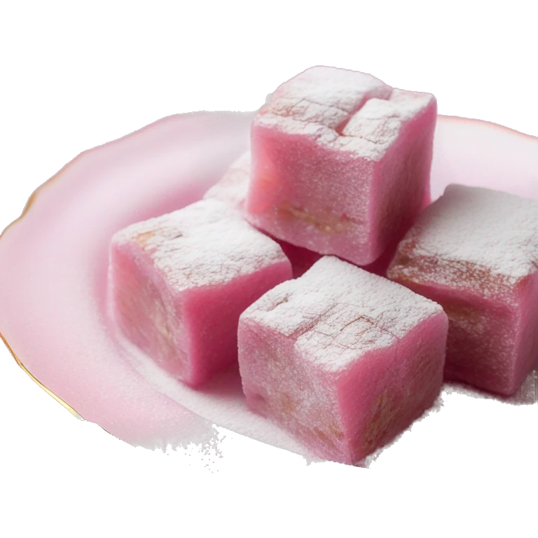 Turkish delight stacked cubes with chopped walnuts and covered with powdered sugar, on a pink porcelain plate emoji