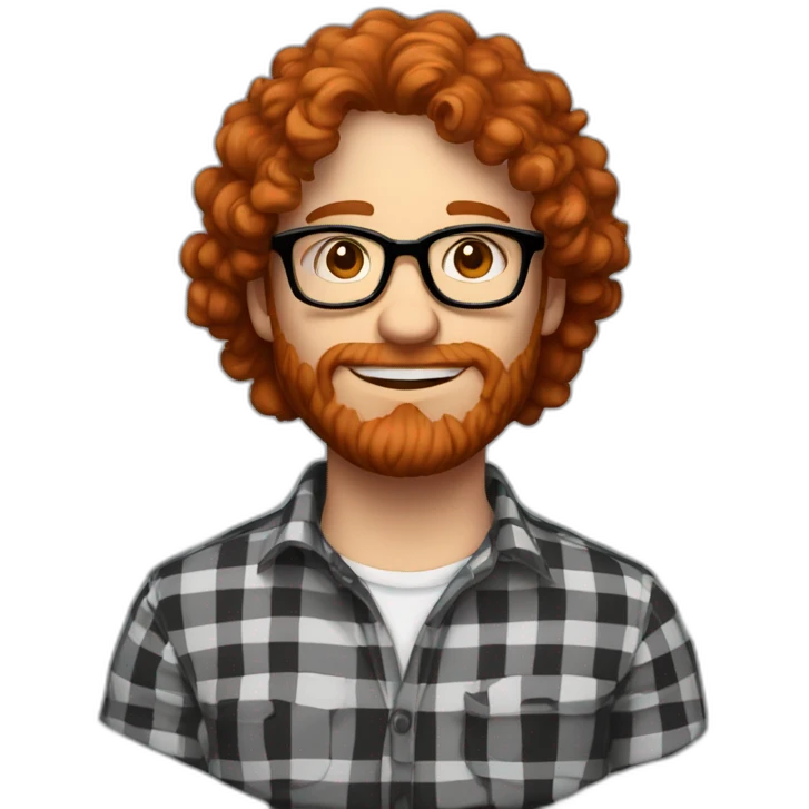 man. around 25. redhead. curly hair. with beard and glasses. shirt with black and red checks emoji