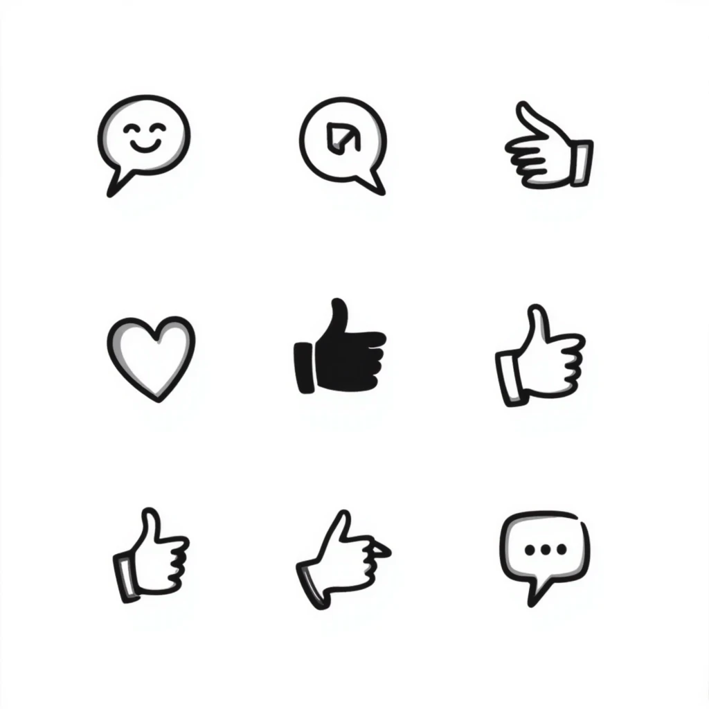 Hand-drawn social media icons and symbols emoji