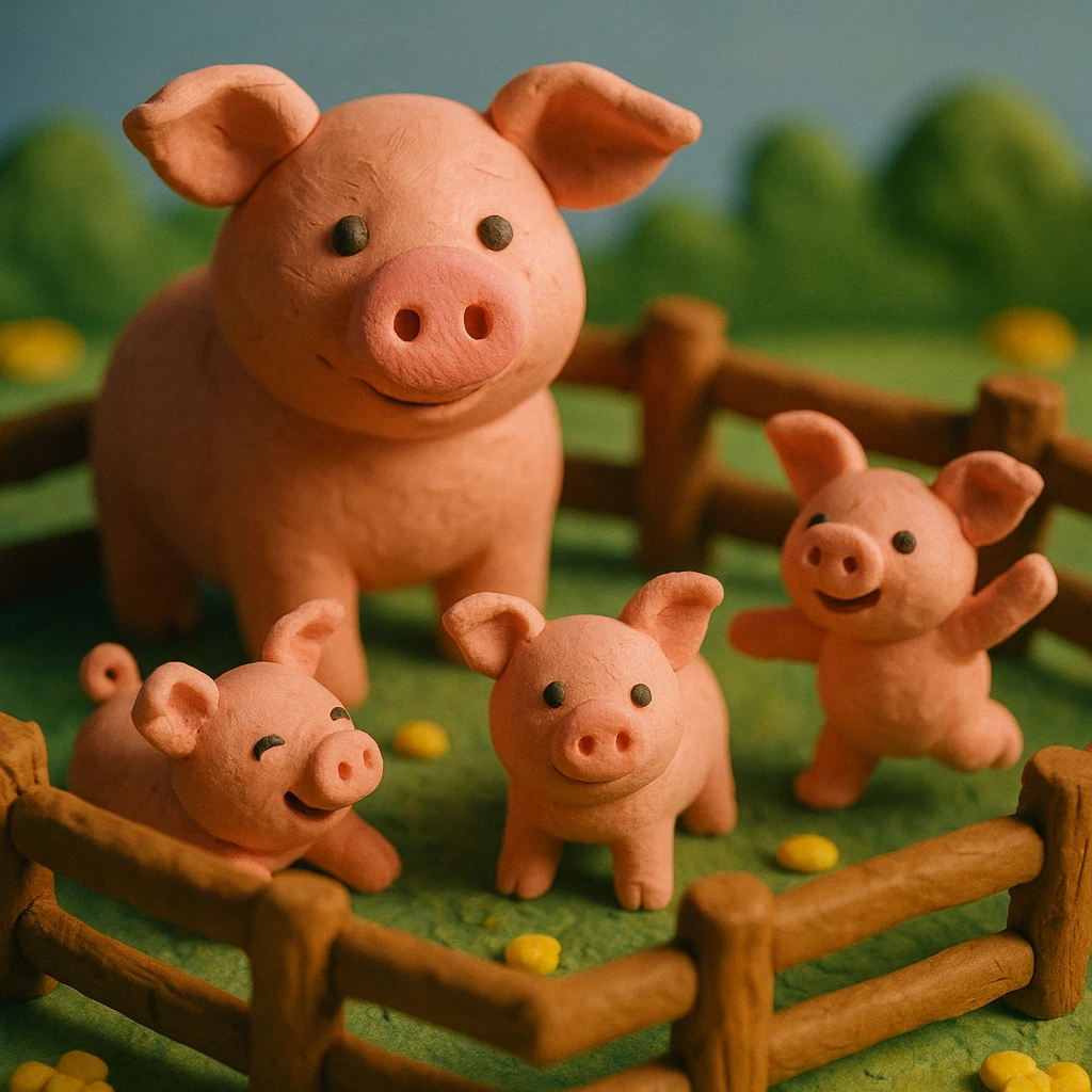 claymation style pig family in a wooden pen, piglets playing, colorful and cheerful emoji