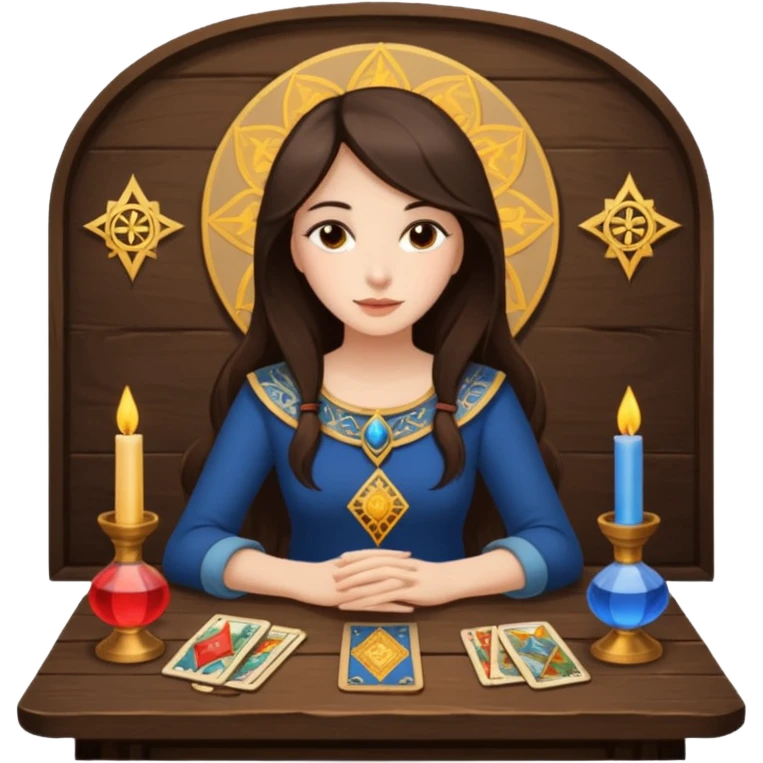 Create a brunette girl with brown eyes sitting at a table with tarot cards. emoji