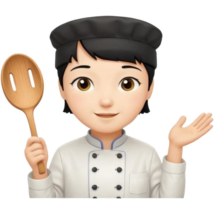 Short black hair, happy, wearing chef uniform and chef hat emoji