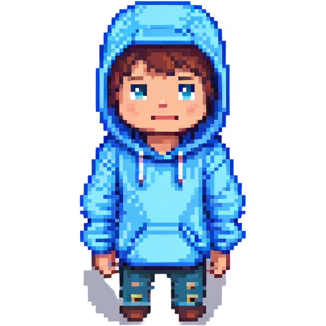 Edit the Minecraft character in the blue hoodie to have a surprised expression, keeping the pixel art style and pose the same. emoji
