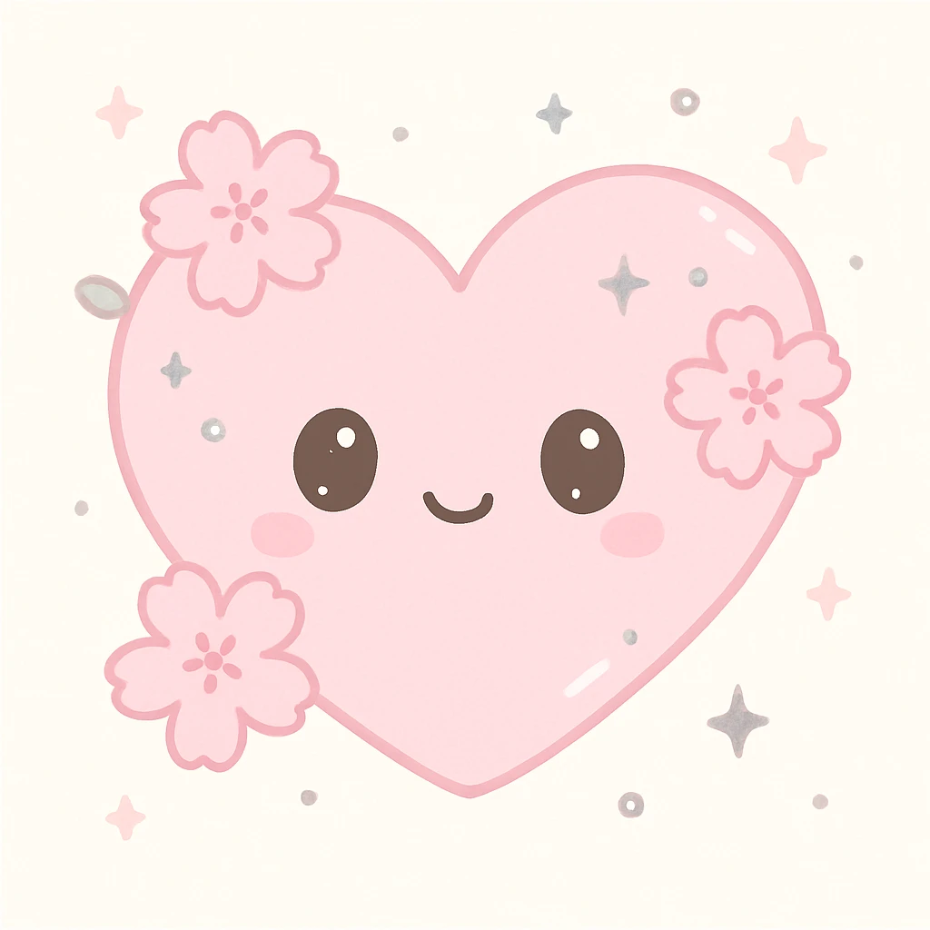 heart with sakura and silver accents, kawaii style emoji