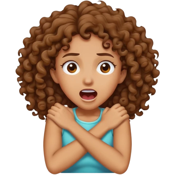Brown curly Girl with crossed arms grabbing her neck screaming  emoji