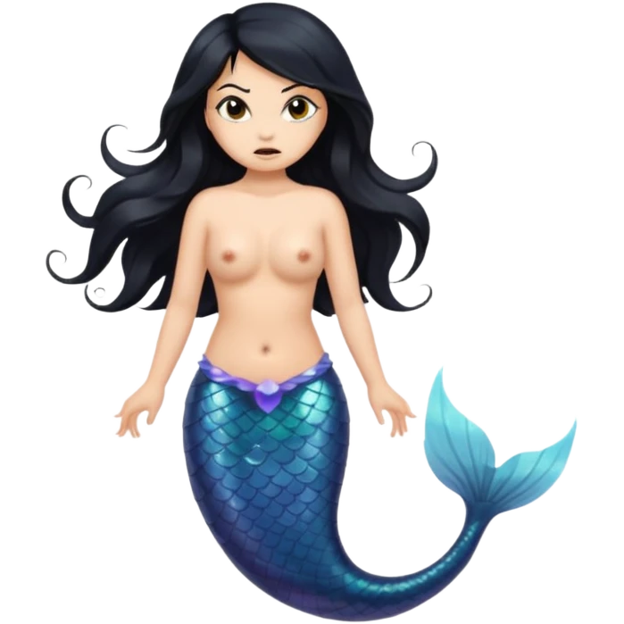 Angry mermaid with black hair and black and brown tail. Long hair covering chest. emoji