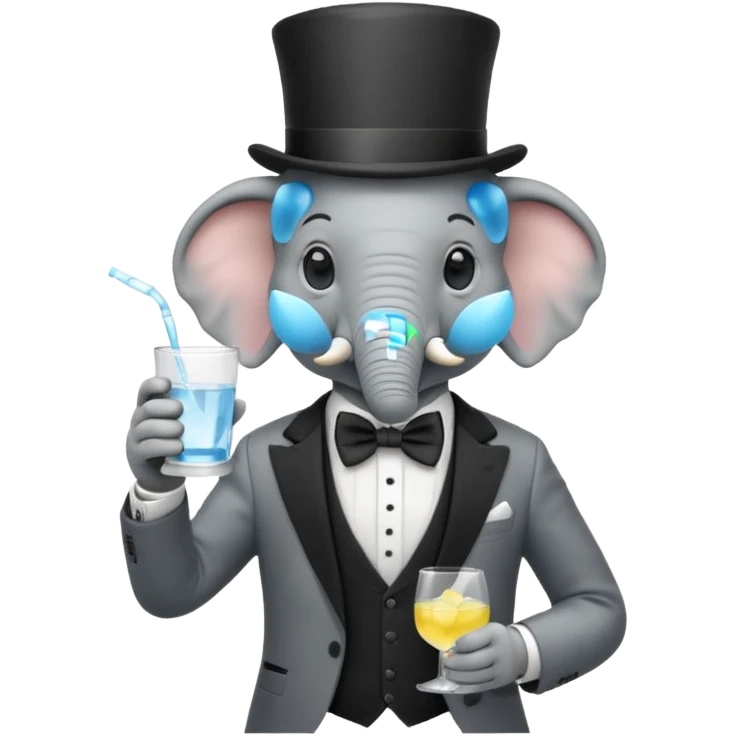elephant wearing suit, bowtie and top hat, holding glass of water emoji