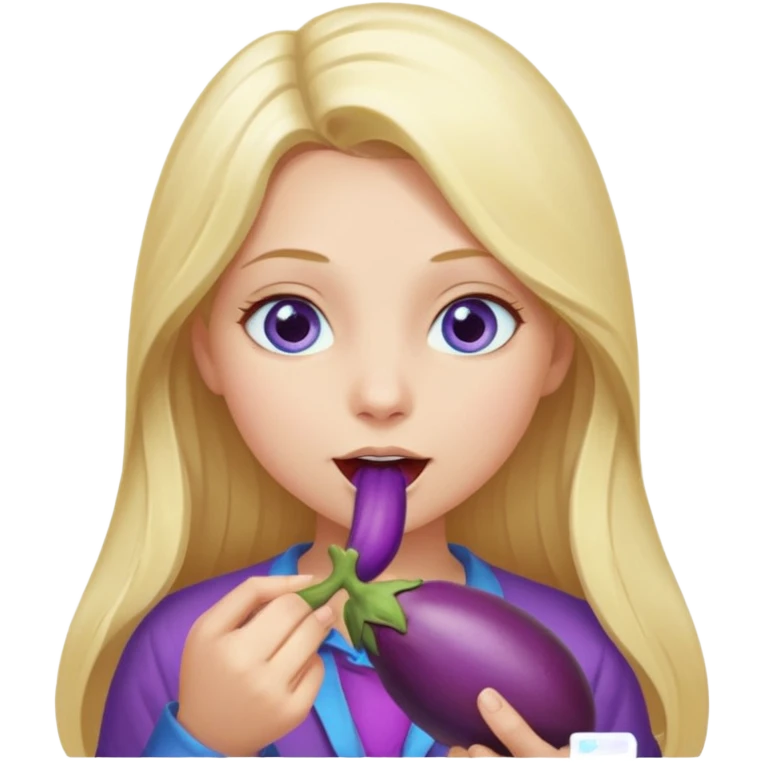 Girl, long blond hair, blue eyes, sucking eggplant emoji