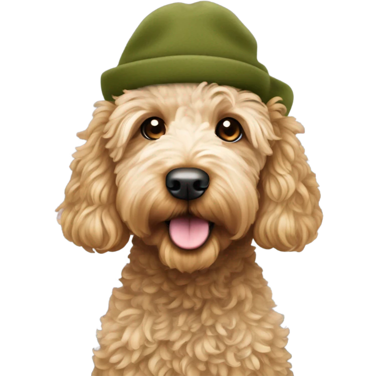 Mini goldendoodle in olive green winter hat  emoji