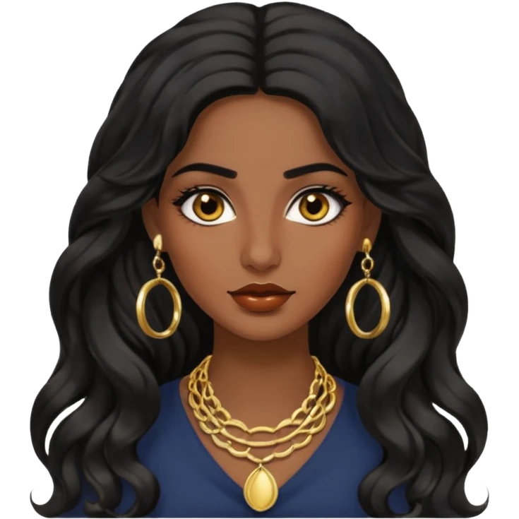 Attractive middle eastern woman with a wide face, baddie look, dark skin, Long wavy black hair and gold hoop earrings emoji