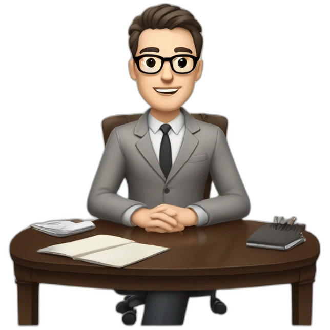 Pale skinned Fit Man With dark brown hair in gray jacket, beige office shirt and vintage glasses sitting In a soft chair with a notebook with emblem Ψ and a pen in his hands emoji