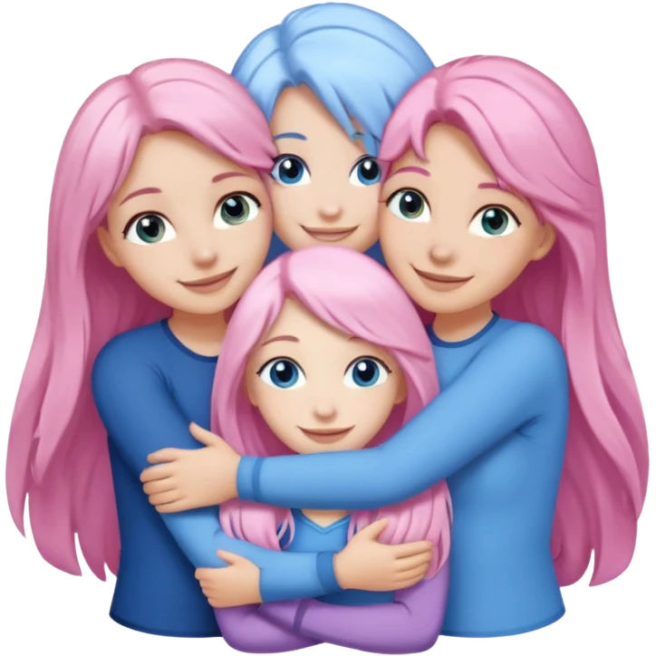 four white grips hugging and smiling    2 girls with brown eyes and long dark brown hair. One girl with long light pink hair and blue eyes, one girl with blue eyes and light blonde hair emoji