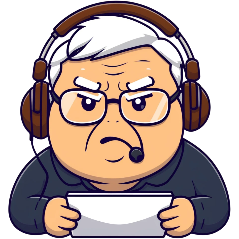 Brown old man with medium white hair, wearing glasses and headphones, looking surprised and angry, no facial hair, chubby, looking to the upper left corner emoji