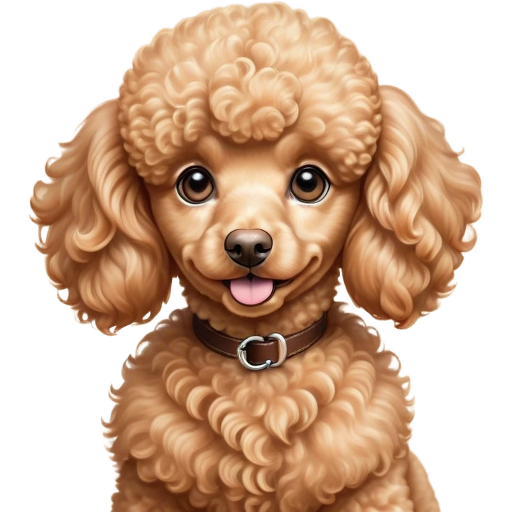 Cinematic Cute Apricot Poodle Portrait Emoji, Head tilted playfully and inquisitively, showcasing a bouncy, curly apricot Fur with a luminous sheen, round, sparkling warm eyes filled with curiosity, Simplified yet irresistibly adorable features, highly detailed, glowing with a warm, friendly glow, high shine, affectionate and lively, stylized with a touch of whimsy, bright and endearing, soft glowing outline, capturing the essence of a mischievous yet loving companion, so playful it feels like it could bounce out of the screen and into your arms! emoji