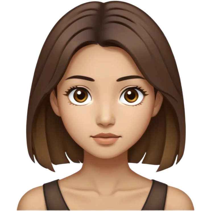 A thin girl with Mongolian roots, shoulder-length brown hair with two distinctly light strands framing her face, large slightly slanted dark brown eyes, olive skin, and light brown, not narrow eyebrows emoji
